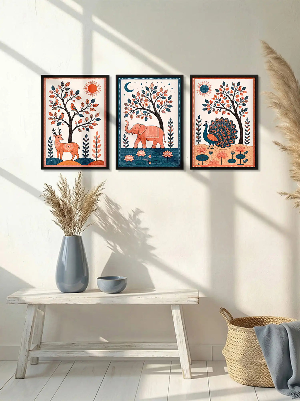 Madhubani Wildlife Art - Deer Elephant Peacock - Black Wooden Wall Frames - Traditional Modern - Spaces Unhooked