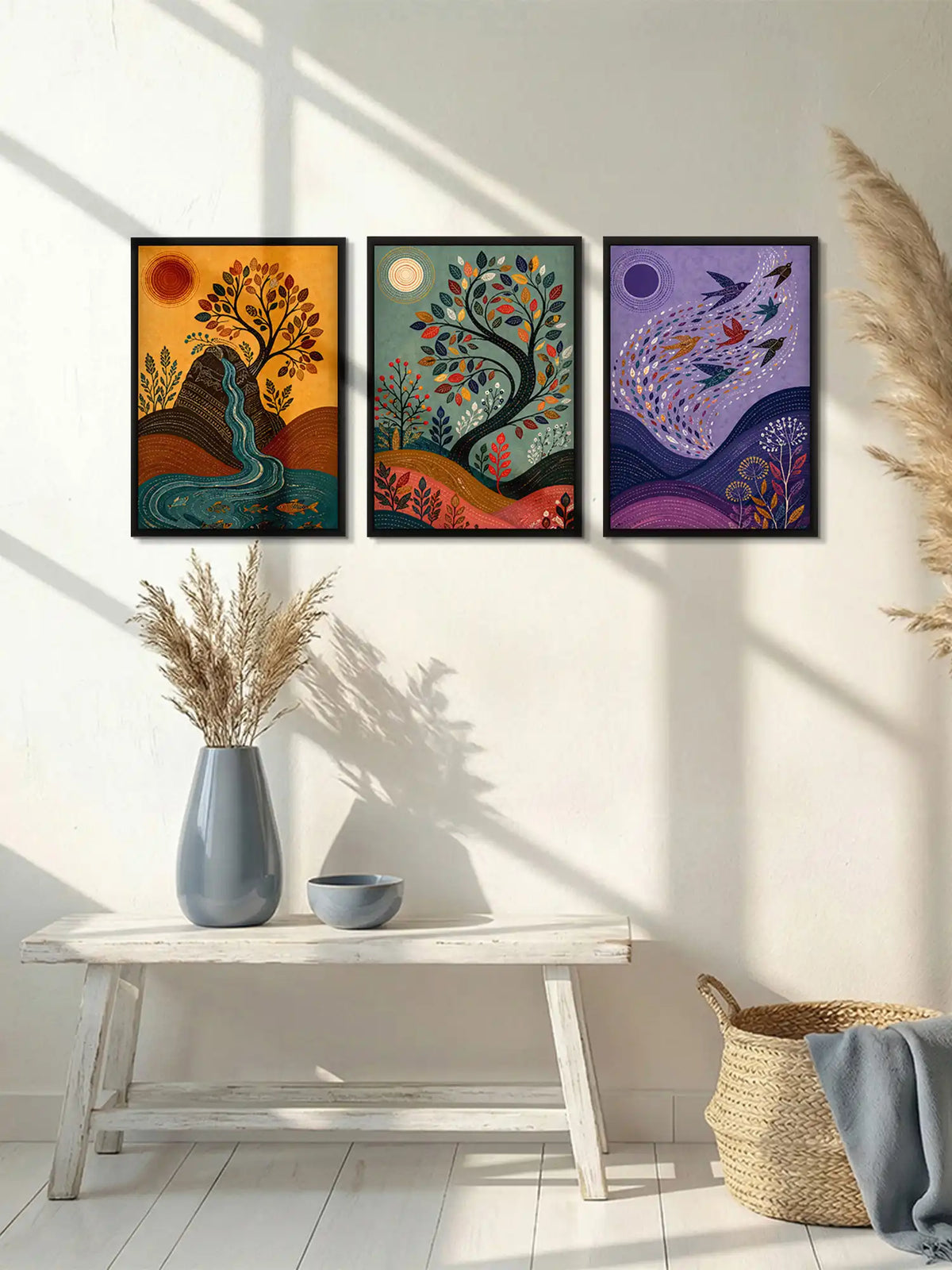 Madhubani Nature Cycle Art - River Tree Birds - Black Wooden Wall Frames - Traditional Modern - Spaces Unhooked