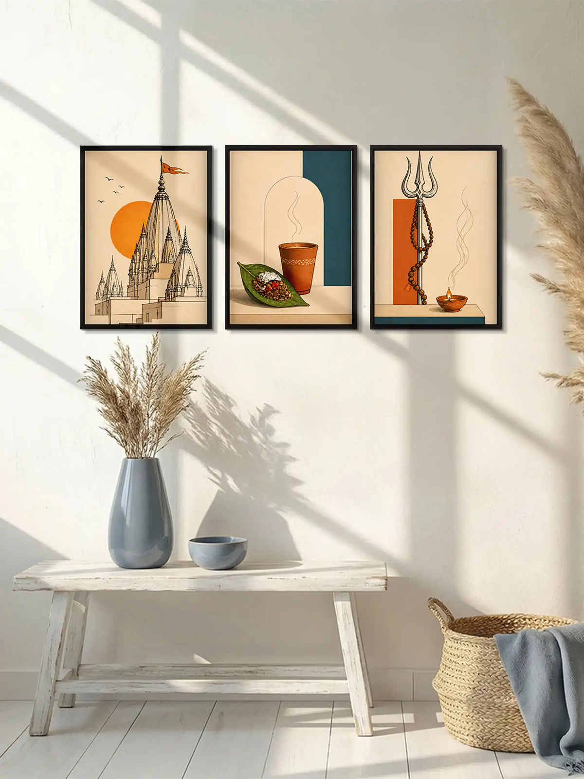 Minimalist Line Art - Varanasi Spiritual Cityscape - Black Wooden Wall Frames - Spiritual Aesthetic - Spaces Unhooked