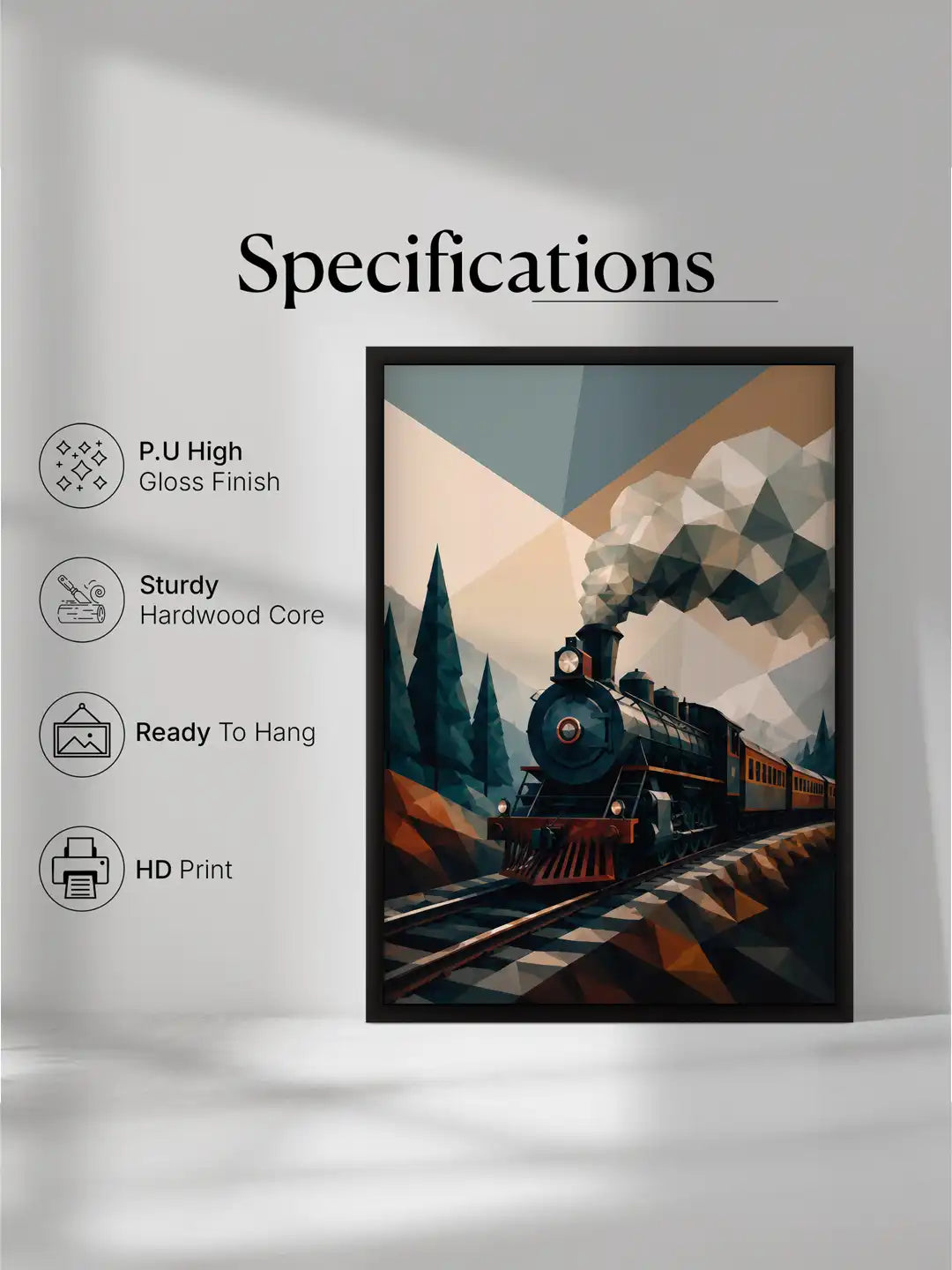 Travel and transportation wall art set of 3 - geometric train landscape artwork - mountain railway illustration - black wooden frames - Spaces Unhooked