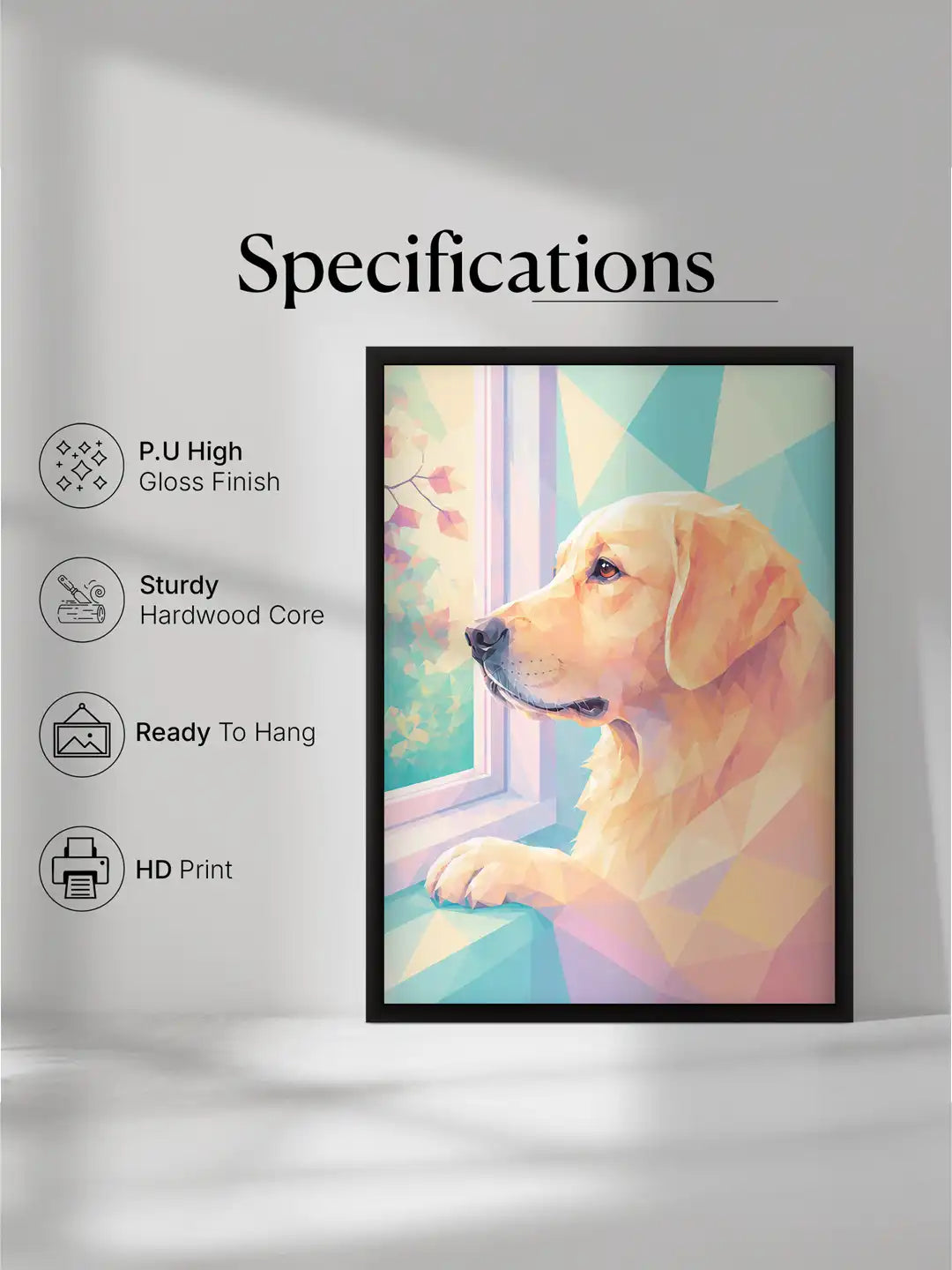 Geometric dog wall art set of 3 - contemporary pet illustration artwork - pastel animal decor - black wooden frames - Spaces Unhooked