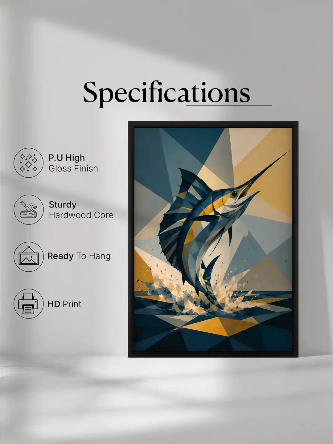 Low-poly coastal wall art set of 3 - geometric ocean illustration artwork - lighthouse and marine decor - black wooden frames - Spaces Unhooked