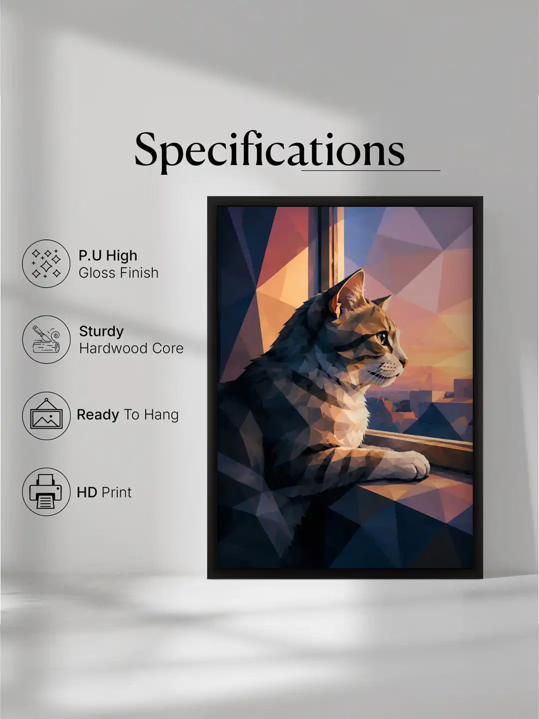 Low-poly cat wall art set of 3 - geometric pet illustration artwork - contemporary animal decor - black wooden frames - Spaces Unhooked