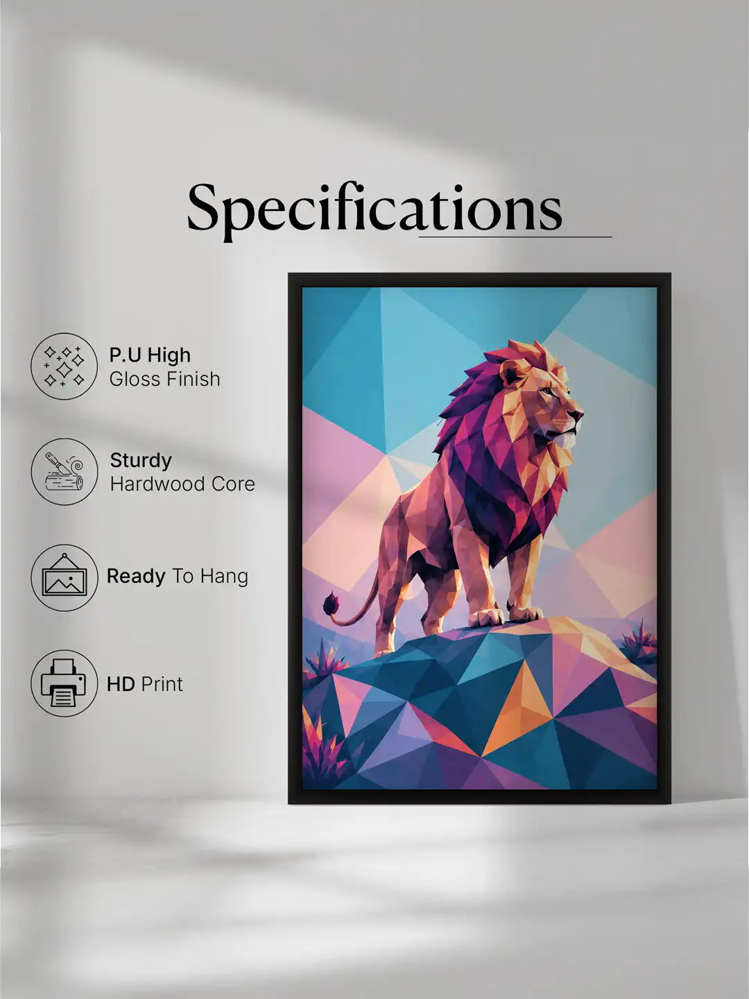 Low-poly wildlife wall art set of 3 - geometric lion illustration artwork - modern geometric decor - black wooden frames - Spaces Unhooked