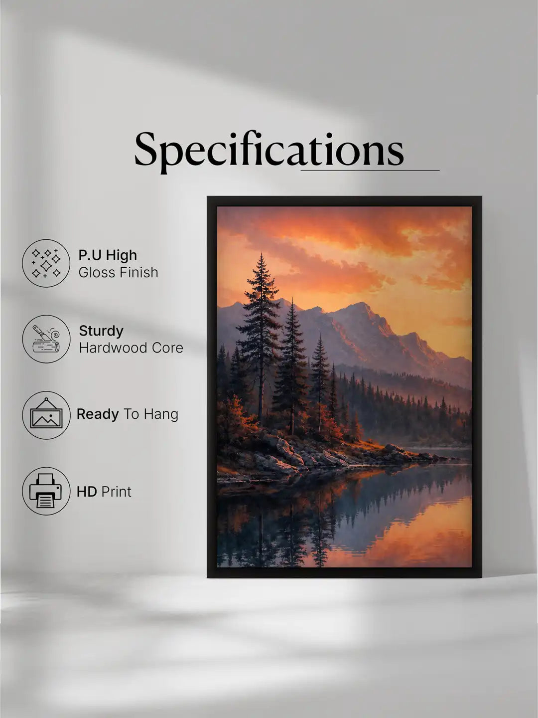 Digital Landscape Painting - Mountain Lake Sunset Autumn - Black Wooden Wall Frames - Atmospheric Landscape - Spaces Unhooked