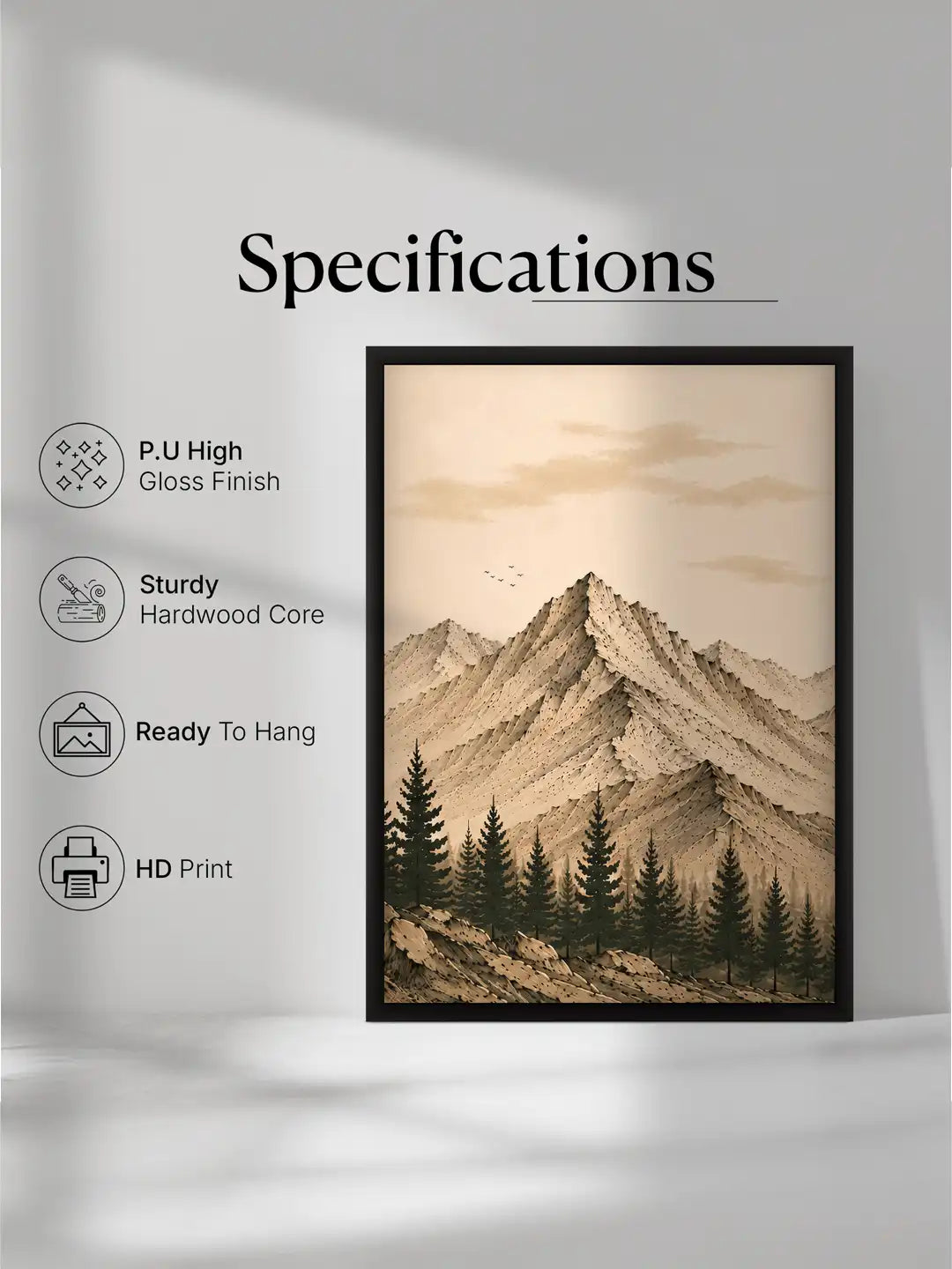 Ink Wash Illustration - Minimalist Zen Mountain Landscape Sepia - Black Wooden Wall Frames - Spaces Unhooke
