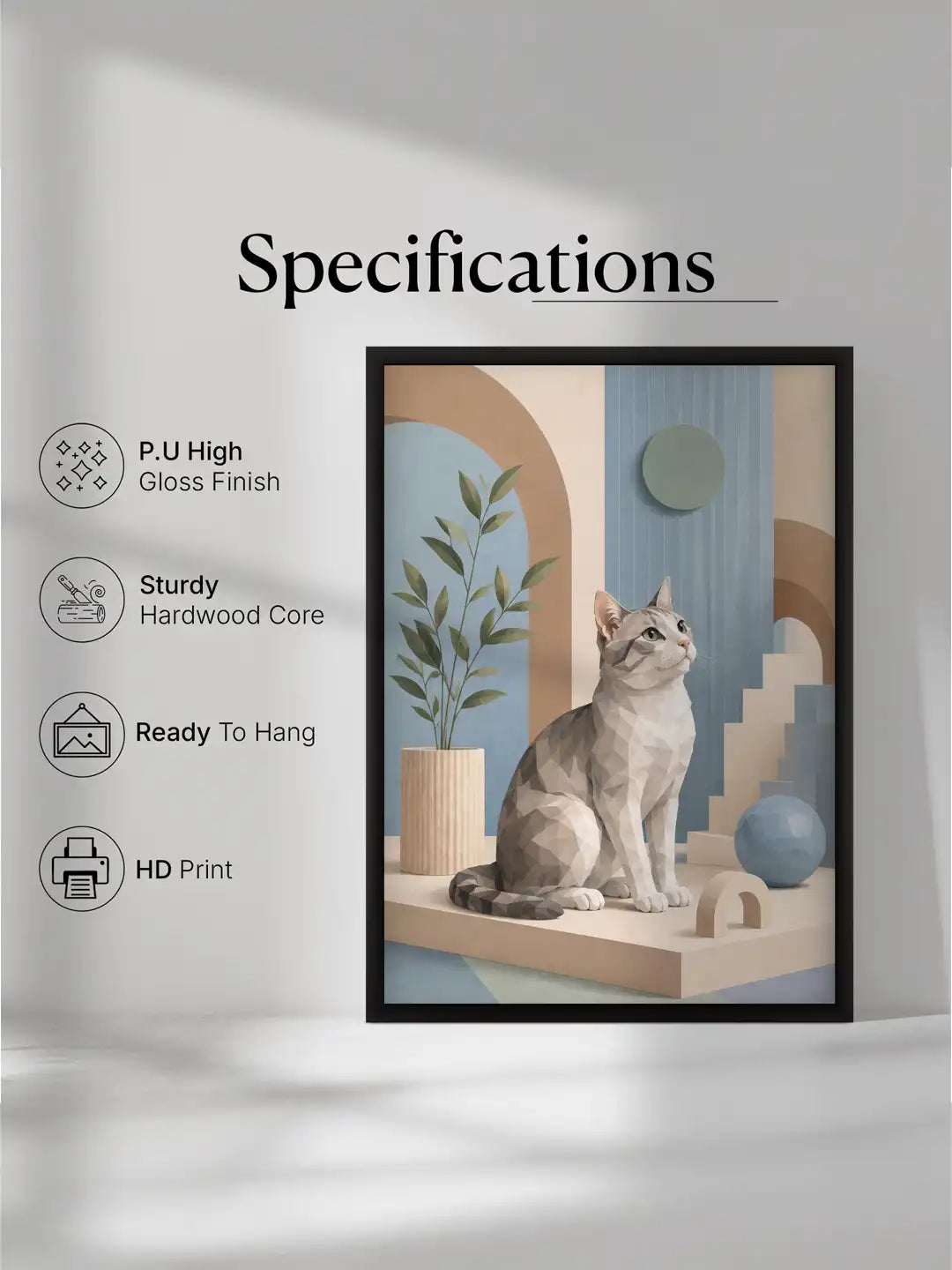 Low Poly Illustration - Playful Cat Geometric Minimalism - Black Wooden Wall Frames - Spaces Unhooked