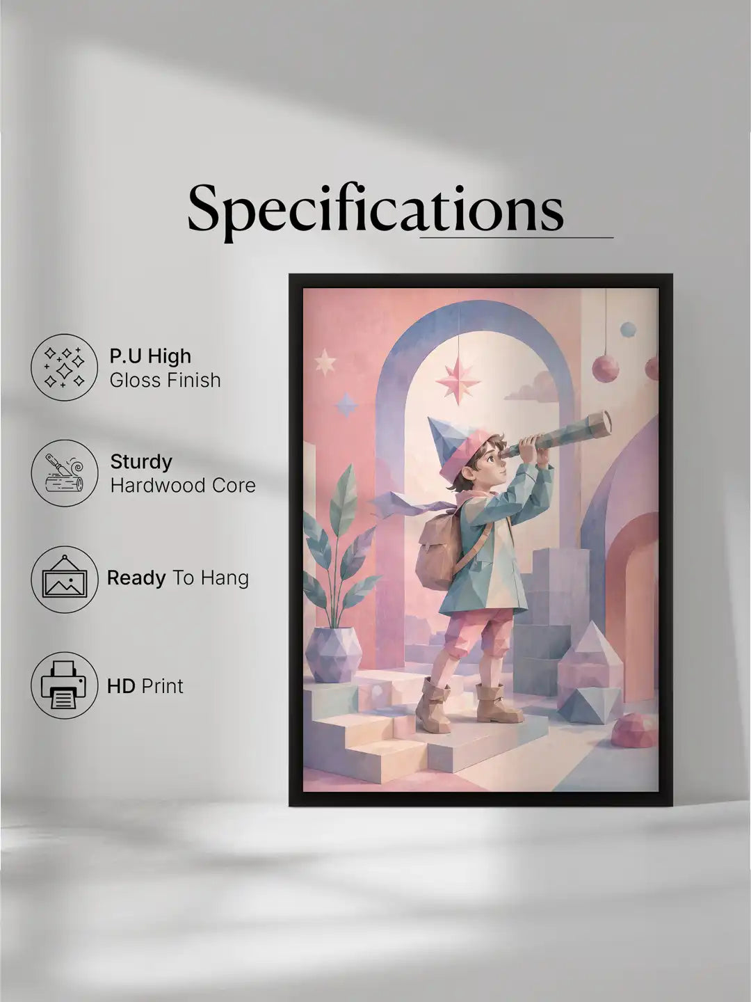 Low Poly Illustration - Childhood Imagination Fantasy Kids - Black Wooden Wall Frames - Spaces Unhooked