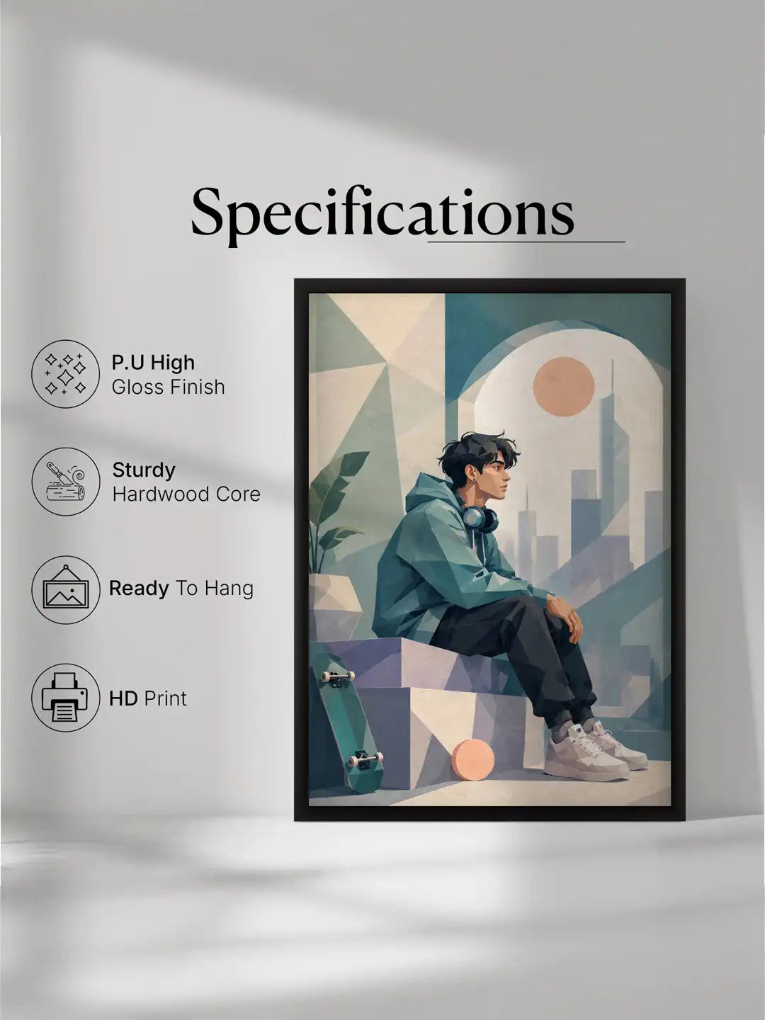 Low Poly Illustration - Modern Youth Urban Teen - Black Wooden Wall Frames - Geometric Minimalism - Spaces Unhooked