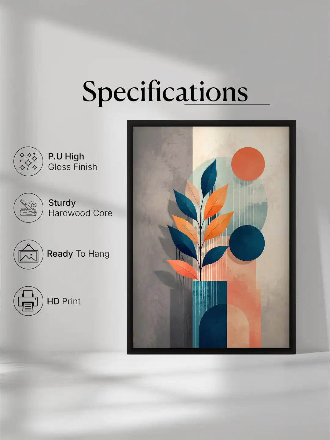 Vector Illustration - Geometric Botanical Still Life Navy Orange - Black Wooden Wall Frames - Spaces Unhooked