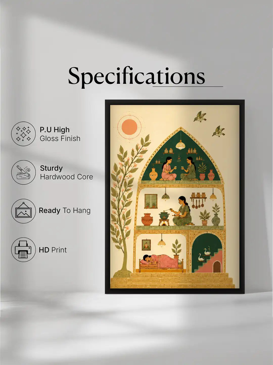 Narrative Illustration - Gond Art Domestic Life Indian Home - Black Wooden Wall Frames - Spaces Unhooked