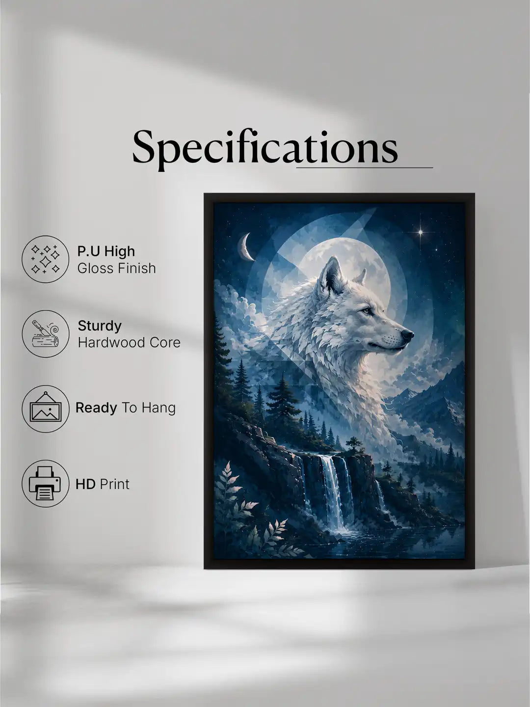 Digital Illustration - Celestial Wolf Spirit Night - Black Wooden Wall Frames - Nature Inspired Decor - Spaces Unhooked