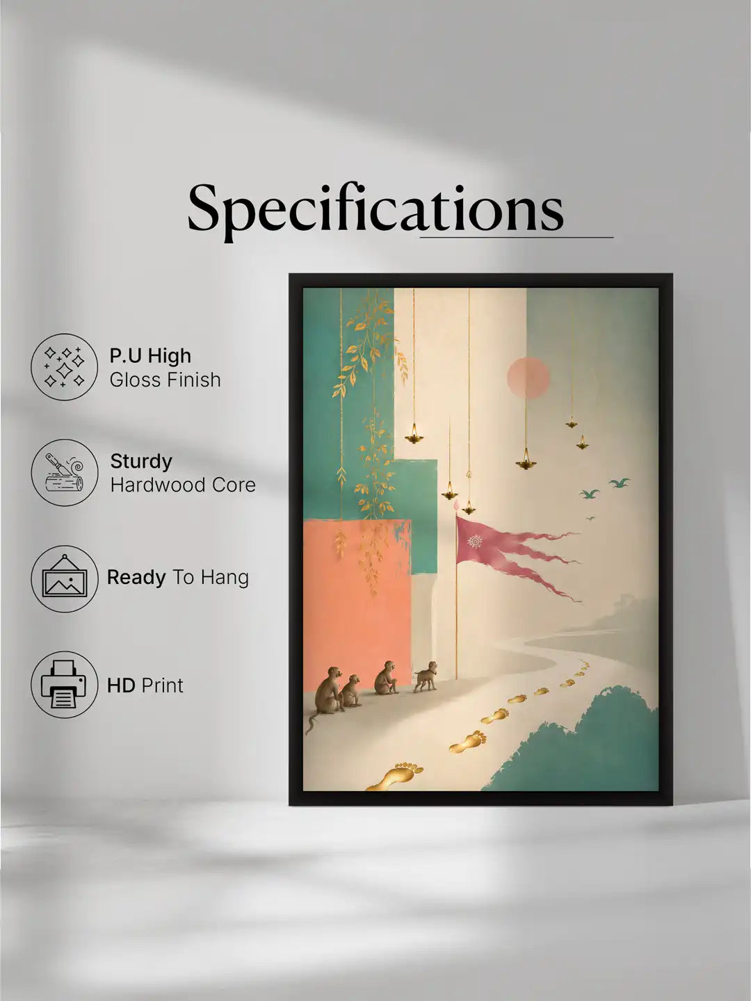 
Symbolic Minimalism - Ramayana Journey Devotion - Black Wooden Wall Frames - Contemporary Spiritual Pastel Heritage - Spaces Unhooked