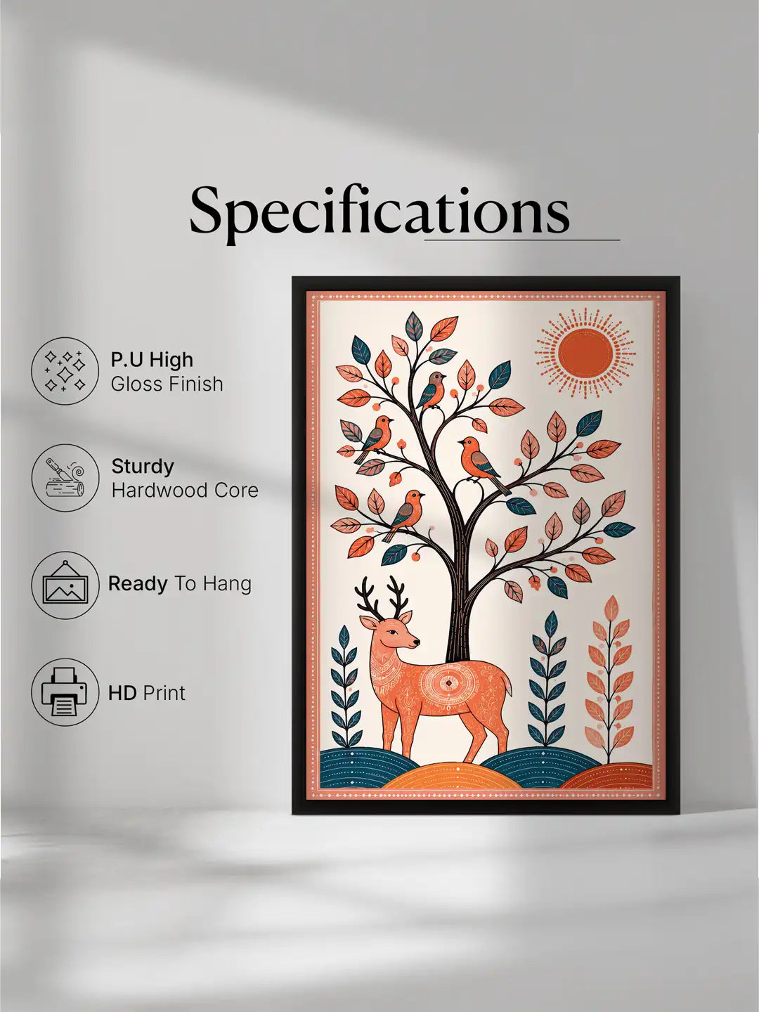 Madhubani Wildlife Art - Deer Elephant Peacock - Black Wooden Wall Frames - Traditional Modern - Spaces Unhooked