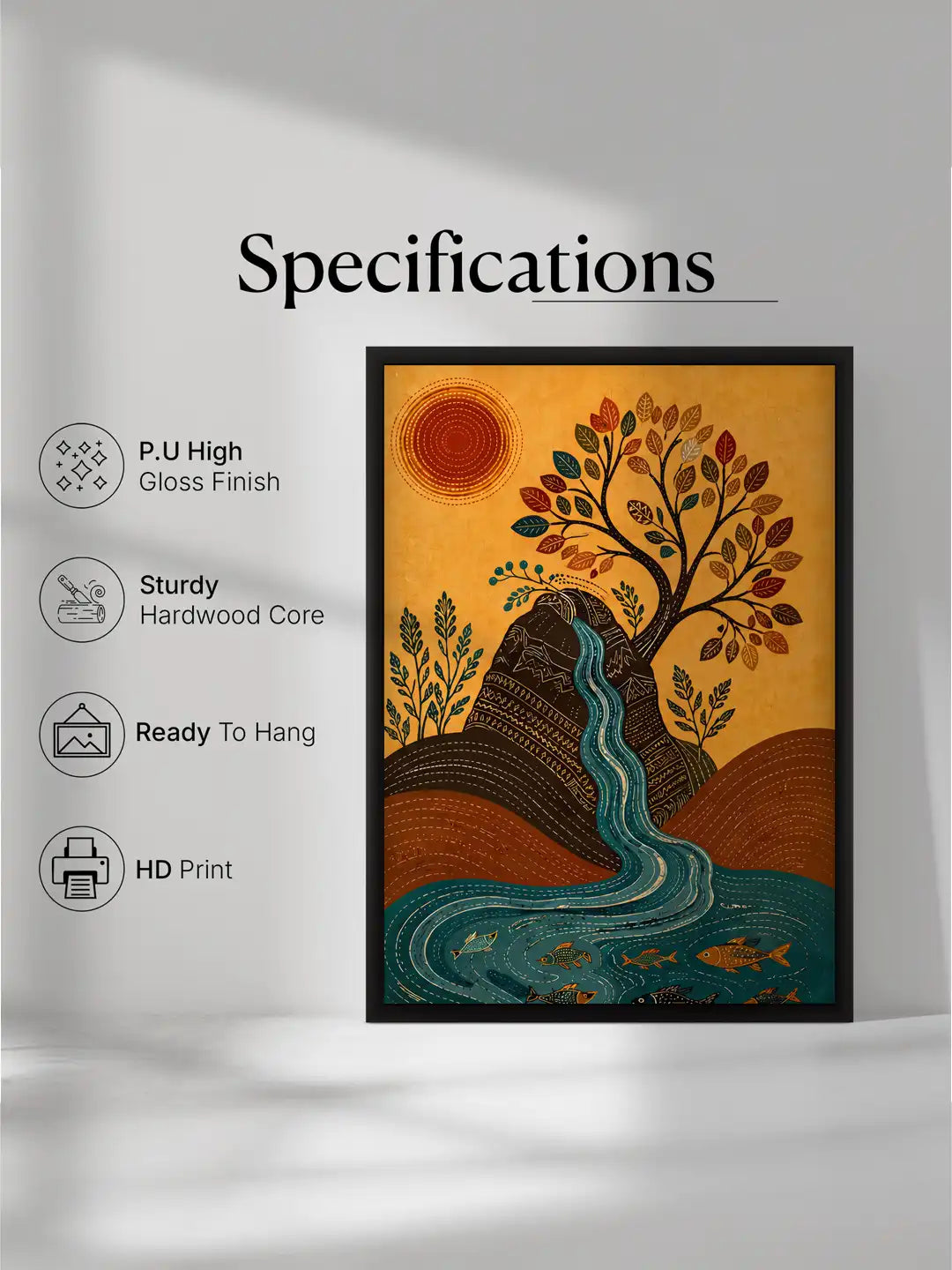 Madhubani Nature Cycle Art - River Tree Birds - Black Wooden Wall Frames - Traditional Modern - Spaces Unhooked