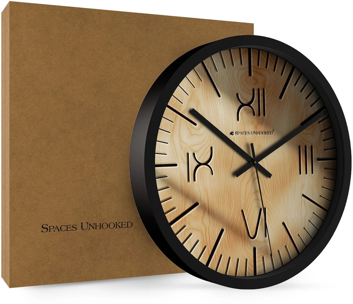 Minimalist home decor featuring a wooden wall clock on a light wood table